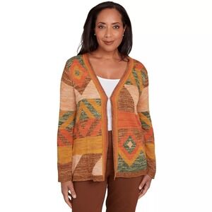 Alfred Dunner Gold Shimmer BOHO Cardigan Womens XLarge Patchwork Longsleeve
